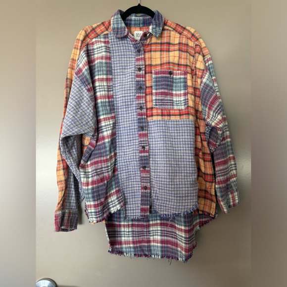 BDG Tops - Multicolored long sleeve button down shirt oversized boxy dress shirt collar top